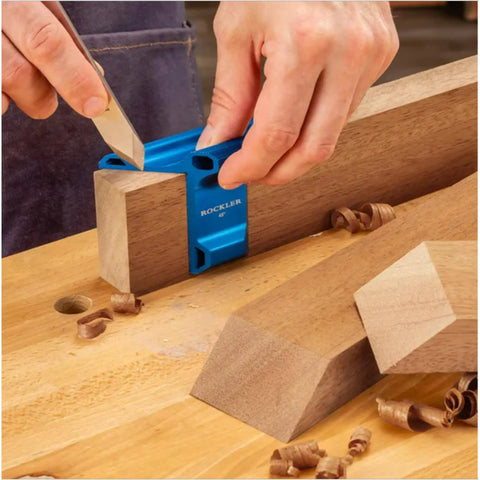 Pro Grade 45 Degree Saddle Square For Woodworking Anodized Aluminum Carpenter Square Tool Marking Tools For Accuracy And Precise Mitered Cuts Durable Woodworking Tools And Accessories in use on wooden block