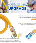 Tough As Nails 48 Inch Flexible Yellow Coated Corrugated Gas Line Kit with fittings and Teflon tape, installed on appliance.