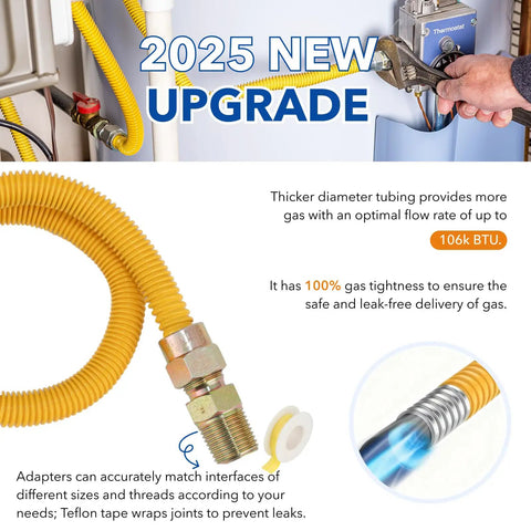 Tough As Nails 48 Inch Flexible Yellow Coated Corrugated Gas Line Kit with fittings and Teflon tape, installed on appliance.