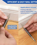 Beefy Dual Head Nail Setter And Hinge Pin Punch Set Kit used for finishing nails on wood, demonstrating compact grip and function.