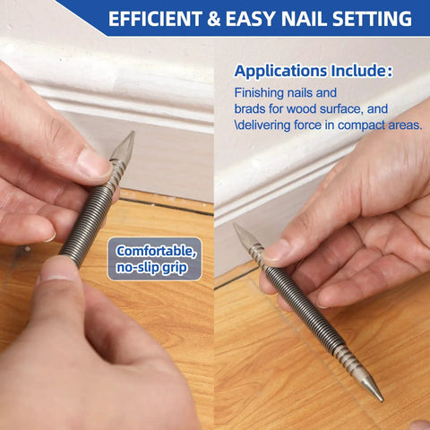 Beefy Dual Head Nail Setter And Hinge Pin Punch Set Kit used for finishing nails on wood, demonstrating compact grip and function.