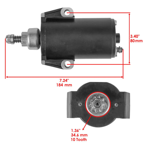 Outboard Starter Replacement For Mercury Marine Engines 9.9 15 18 20 25HP Fits 1980s Models side and end view dimensions