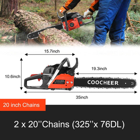 Powerful 62cc Gas Chainsaw With 20 Inch Bar For Real Tough Jobs Like Farm Clearing And Tree Trimming, 3.5 HP 2-Stroke