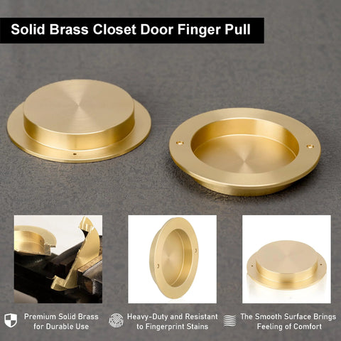 4 Pack Solid Brass Finger Pulls For Sliding Doors And Cabinets, 2 1/8 Inch Flush Recessed Round Cup Pulls In Brushed Gold