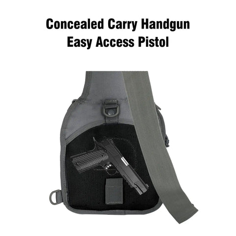 Waterproof 1000D Tactical Sling Bag For Everyday Carry And CCW with easy access pistol compartment.