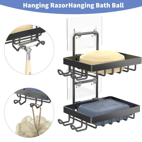 Tough As Nails 304 Stainless Steel Double Soap Holder For Shower, No Fuss Adhesive Wall Mount Rack With Four Extra Hooks And Razor Spot, Rust Proof Bathroom Organizer That Seriously Locks In Place
