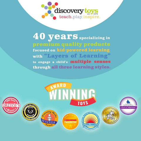 Discovery Toys award-winning logo with emphasis on kid-powered learning and 40 years of producing premium quality products