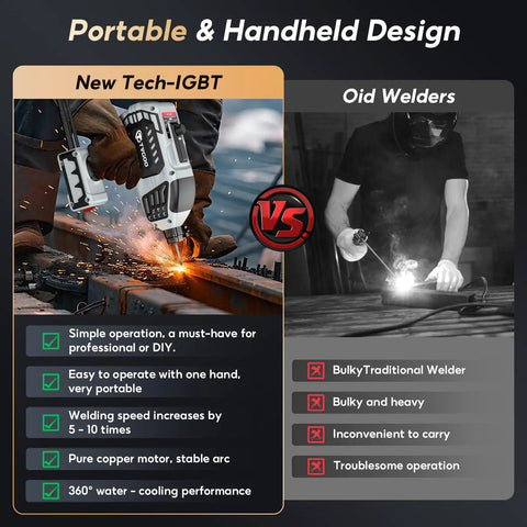 Comparison of Portable Handheld Welder 110V IGBT Inverter with traditional welder highlighting features and benefits.