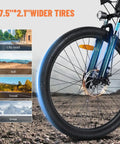 Front wheel of Race 21 Speed Electric Mountain Bike For Adults With Front Fork Suspension, 27.5-inch tires for various terrains.