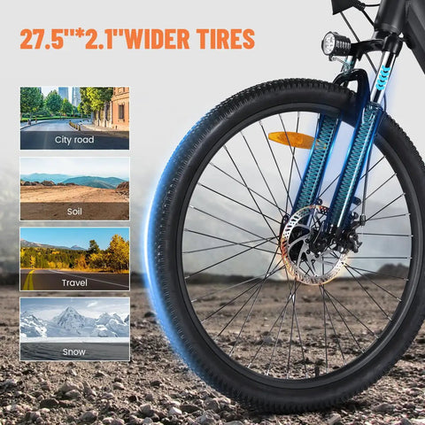 Front wheel of Race 21 Speed Electric Mountain Bike For Adults With Front Fork Suspension, 27.5-inch tires for various terrains.