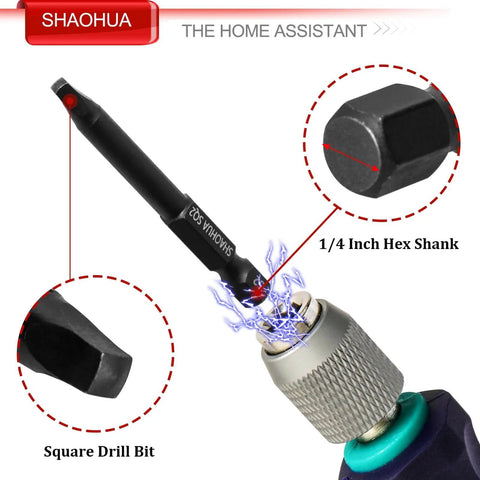 Pro Grade 11 Piece Square Drive Bit Set With 10 Number Two Square Bits And One Quarter Inch Magnetic Hex Shank Driver Two Point Three Inch Long SQ2 Alloy Steel Bits For Pocket Hole Jigs And Impact Drivers, close-up of hex shank and bit
