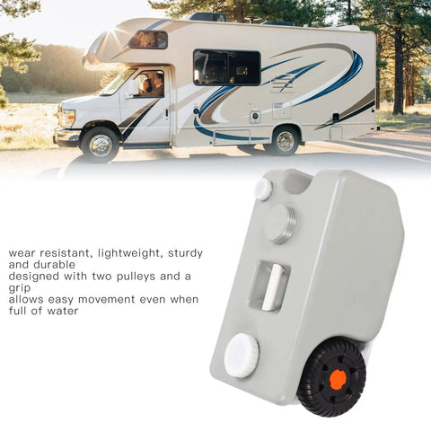 25L Portable RV Waste Tote Tank Made From HDPE next to RV, showcasing ease of transport, durability, two pulleys, and a grip.