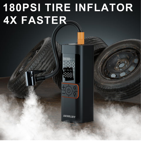 Beefy Portable Tire Inflator Air Compressor With 180 PSI, Dual Digital Gauge beside two car tires.