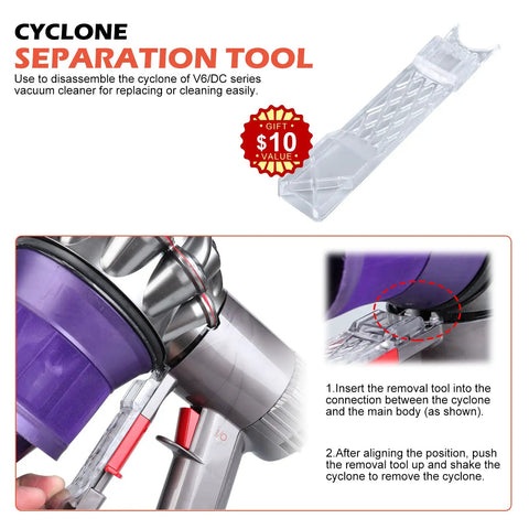 Cyclone separation tool with instructions for V6 series vacuum cleaner disassembly of the motor rear cover and post HEPA filter upgrade.