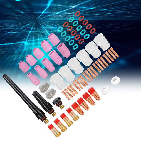 Ultimate 71 Piece TIG Welding Accessory Kit With Ceramic Nozzles Glass Cups And Gas Lenses Perfect For WP-17 WP-18 WP-26 Torch Upkeep, assortment of nozzles, gas lenses, and fittings.