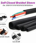 Heavy Duty Black Pet Braided Cable Sleeve For Automotive Wiring Harness Protection Self Closing Design, different diameters shown.