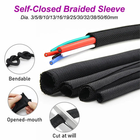 Heavy Duty Black Pet Braided Cable Sleeve For Automotive Wiring Harness Protection Self Closing Design, different diameters shown.