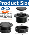 Two Pack 2 Inch Parasol Umbrella Hole Ring Plug And Cap Set dimensions and parts details, black ABS material, fits 2 inch holes