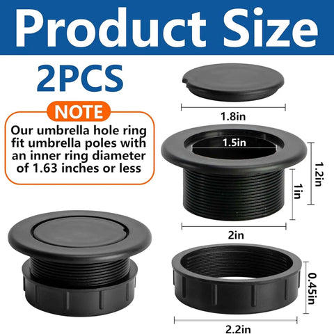 Two Pack 2 Inch Parasol Umbrella Hole Ring Plug And Cap Set dimensions and parts details, black ABS material, fits 2 inch holes