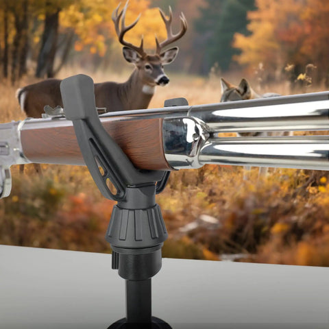360 Degree Rotating V Yoke Rifle Rest for shooting sticks attached to a tripod, in a hunting scenario with a deer in background.