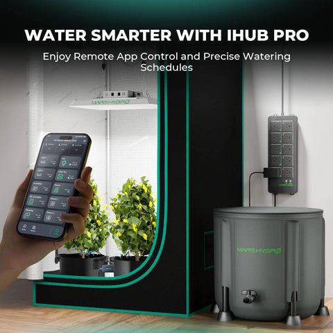 Auto Drip Irrigation Kit With 13 Gallon Foldable Bucket, 24W Upgraded Pump, smartphone control, indoor grow tent setup.