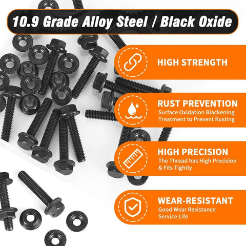 M12x50mm Flange Hex Bolts And Serrated Flange Nuts 4 Pack Grade 10.9 Metric Hardware black alloy steel in display.