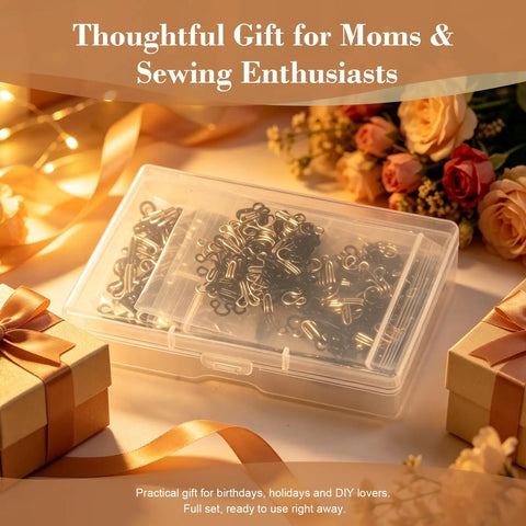 Top Shelf 100 Pair Metal Hook And Eye Fasteners With Hidden Sewing Closures In Black And Silver Rustproof Garment Closures in a gift box.