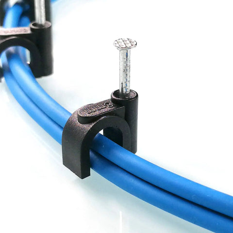 100 Pack Nail In Cable Clips Set for 8mm Wire With Zinc Plated Nails securing blue cables, close-up view