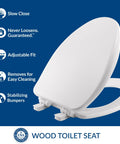 Slow Close Toilet Seat With Easy Clean Hinges And Adjustable Perfect Fit Wood, Elongated White, Made In USA, features displayed