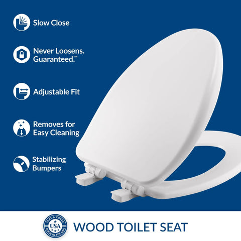 Slow Close Toilet Seat With Easy Clean Hinges And Adjustable Perfect Fit Wood, Elongated White, Made In USA, features displayed