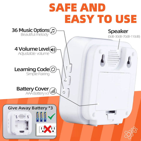 Back view of Long Range Wireless Doorbell Kit with AAA battery slot, speaker, 36 melodies and 4 volume levels, white