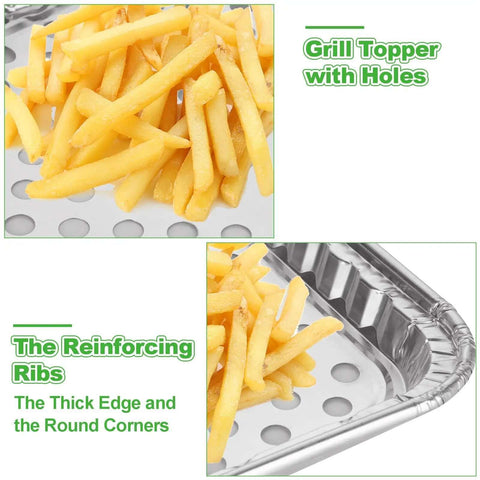 20 Pack Aluminum Foil Pans 16 By 12 Inch Large Disposable Bakeware with fries on perforated grill topper