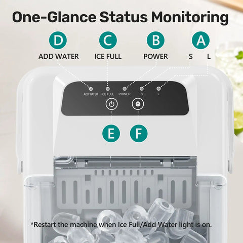 Control panel of Compact Countertop Ice Maker With Self Cleaning Design and Rapid Cube Batch Output with status indicators.