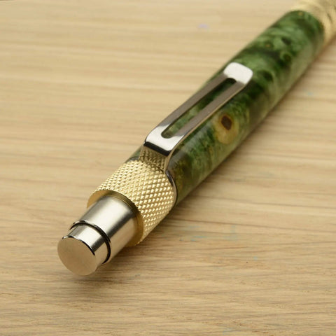 Close-up of a green pen from Set Of 5 DuraClick EDC Ballpoint Pen Woodturning Kits With Hardware And Bushing Included.