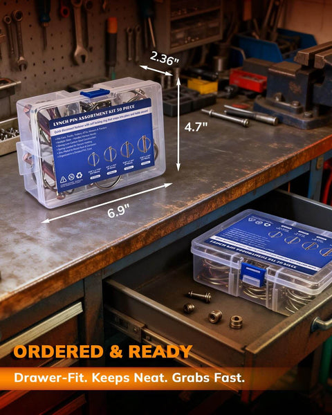 30 Piece Heavy Duty Lynch Pin Assortment Kit With Zinc Plated Steel Pins Includes 4 Sizes in storage box on workshop table