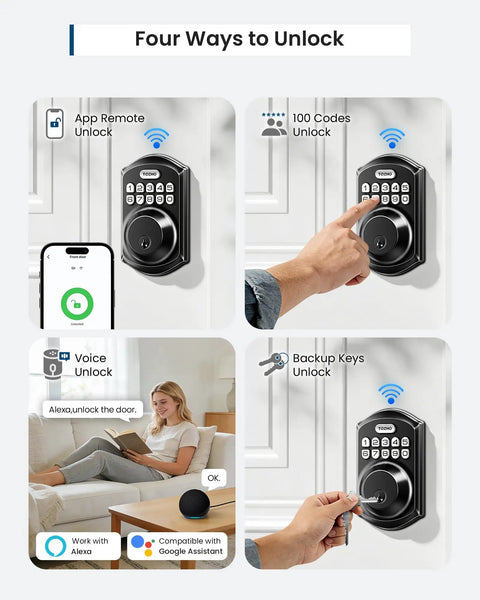 Four methods of access for the Slick Wifi Smart Deadbolt Solid Keyless Entry Door Lock Matte Black App Sync One Hundred Codes Two Backup Keys Alexa Google Assistant Voice Control Hustle Free Home Security.