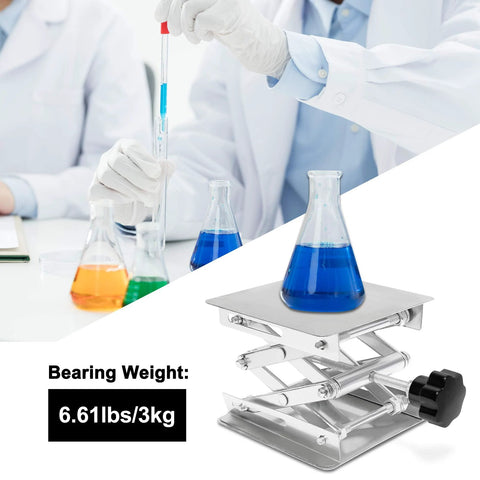 Stainless steel lab jack scissor stand with a 4x4-inch platform, supporting a blue liquid beaker.