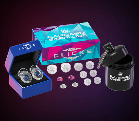Customizable Gemstone Earplugs With 21 dB Noise Reduction For Clear Hearing At Concerts, Raves, Motorcycles, Sports Events And Festivals Reusable Stylish Hearing Protection For Noise Sensitivity displayed with magnetic faceplates and travel case