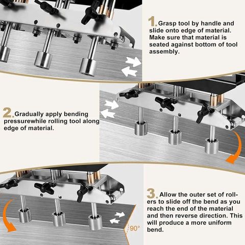 Instructions for using Three Station Sheet Roller And Bender For 0 To 90 Degree Bends With Large Radius Aluminum Standing Seam Roofing Tool