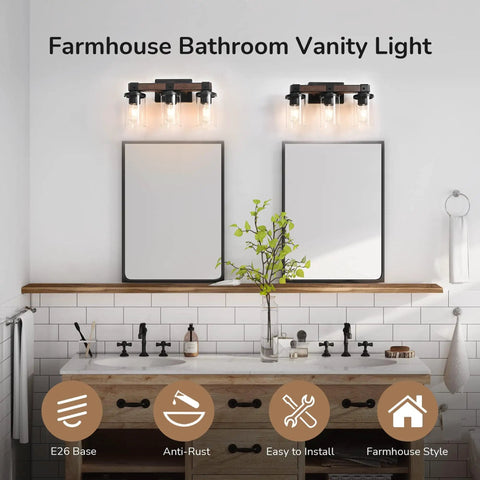 Bathroom with Farmhouse Vanity Lights For Bathroom, 3 Light Wall Sconce Over Mirror With Clear Glass Shades, Rustic Black Metal Frame