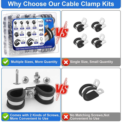 176 Piece Cable Clamps Set With Screws Eight Sizes Rubber Insulated Stainless Steel Cushioned Pipe And Loop Clamps Kit Comparison