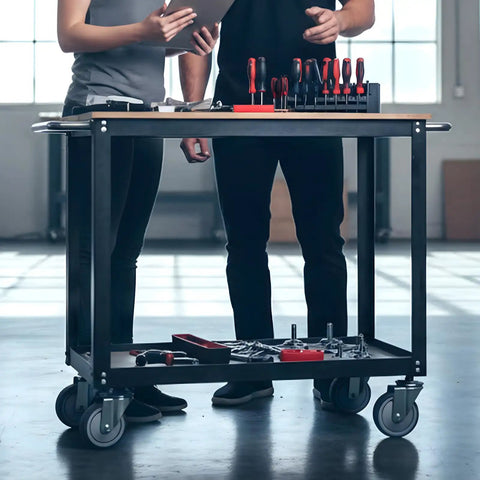 Heavy Duty Four Inch Swivel Caster Wheels With Non Marking Rubber Tires And 7/16 Inch Threaded Stems on a tool cart in a workspace.