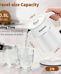 Grab And Go Travel Ready Electric Kettle 0.8L pouring water into glass, showing white double-wall design, on countertop.