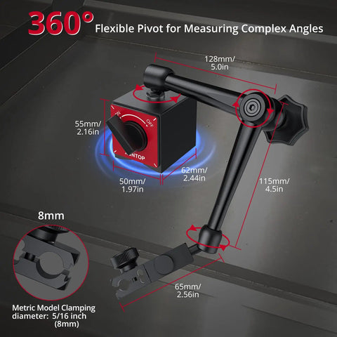 Pro Grade Dial Indicator With Magnetic Base 176 Lbs 80 Kg 1 Inch 0.001 Inch Imperial Dial Test Gauge Set With Storage Case For Lathe 3D Printer CNC Car Workshop, 360° pivot and 8mm clamp