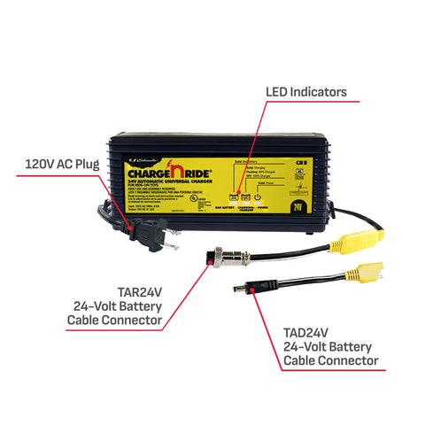 24V Universal Ride On Battery Charger For Dynacraft And Razor Toys, Fully Automatic Charge N Ride CR8 One Point Five Amp With Auto Voltage Detection, Multi Stage Charging, Float Mode, Bad Battery Detection, And Safe Auto Shutoff