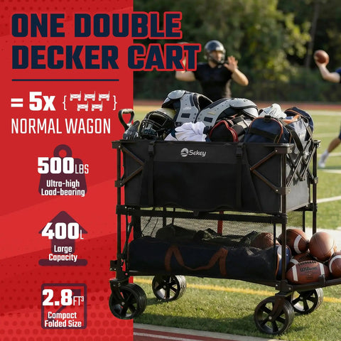 Front view of 500 Lbs Heavy Duty Double Decker Wagon With Extender 400 L Large Capacity Collapsible Garden Cart on field