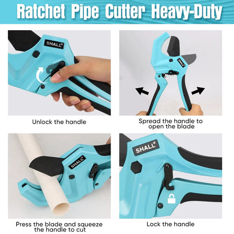 Four-step guide to using Heavy Duty Aluminum PVC Pipe Cutter Ratchet Tool With SK5 Blade Cuts Up To Two And A Half Inches