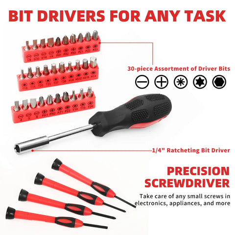 30-piece driver bit assortment and precision screwdrivers from the 58 Piece Home Repair Tool Kit For Quick Fixes And Everyday Projects