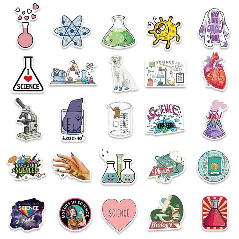 100 Piece Dope Science Stickers Pack Vinyl Decals For Physics Chemistry Biology Experiments in various colorful designs.