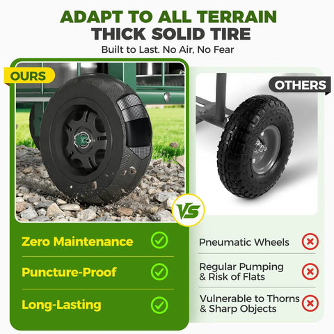 Comparison of thick solid tire from Rolling Garden Stool With Wheels, 360 Degree Swivel Seat And Backrest against pneumatic wheel